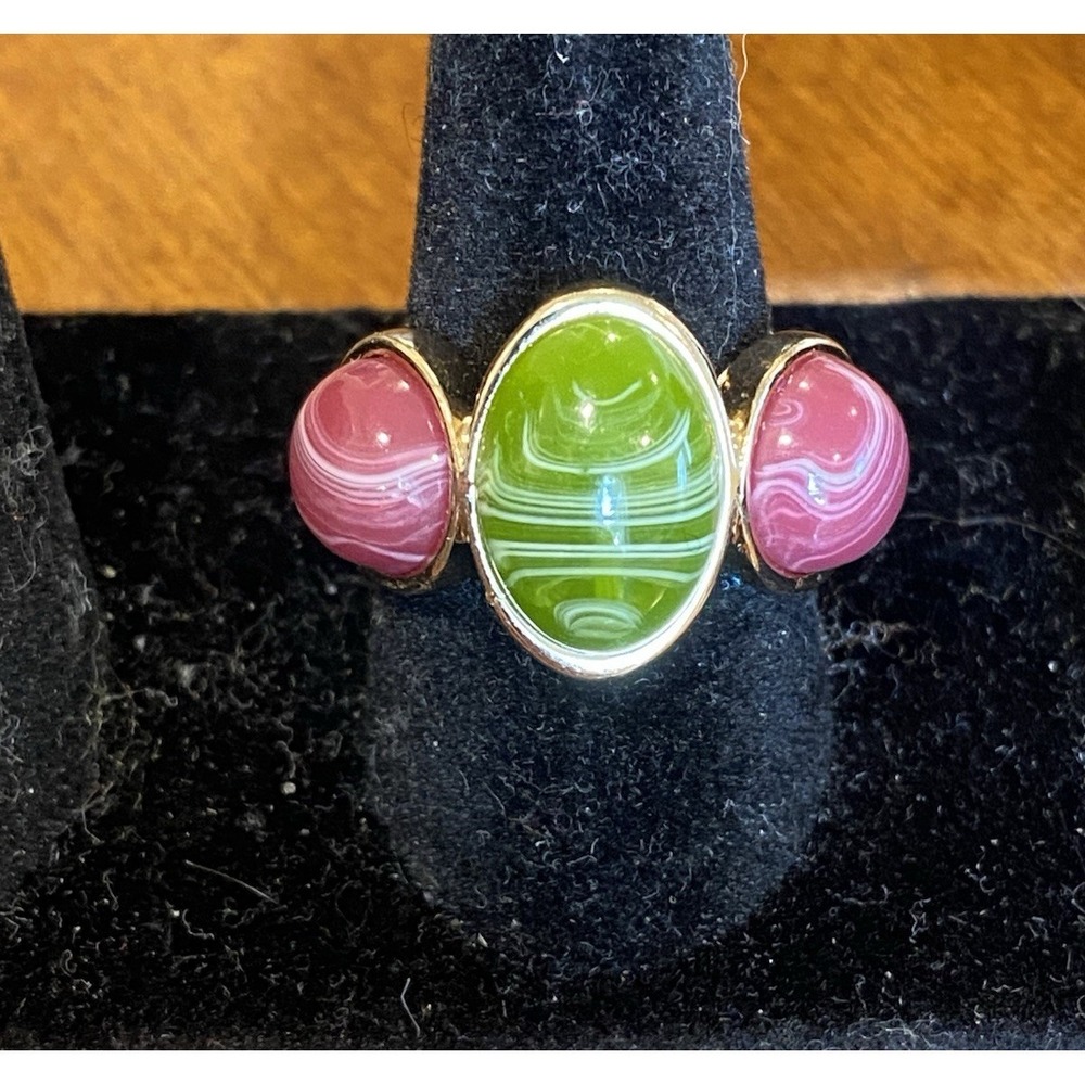 Gold-tone ring with Green and Pink Cabochon Stones Ladies Size 7